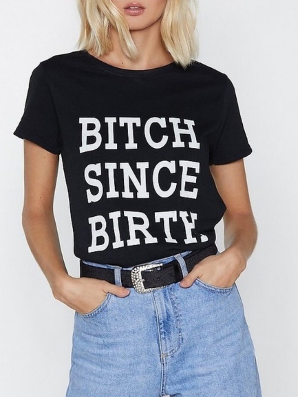 NEW Nasty Gal Black Crew Neck Tee with White Slogan Size 4